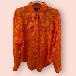 Vintage Y2K Baroque Sheer Citrus Orange Slice Blouse